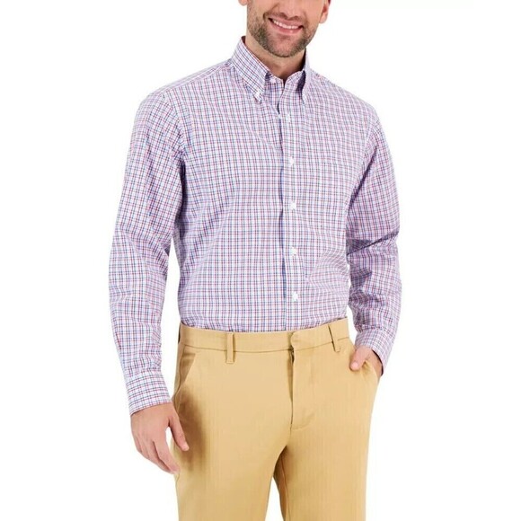 Club Room Men Classic Regular-Fit Plaid Shirt Button Down Red Blue Sz 18.5 34-35 - Picture 1 of 5